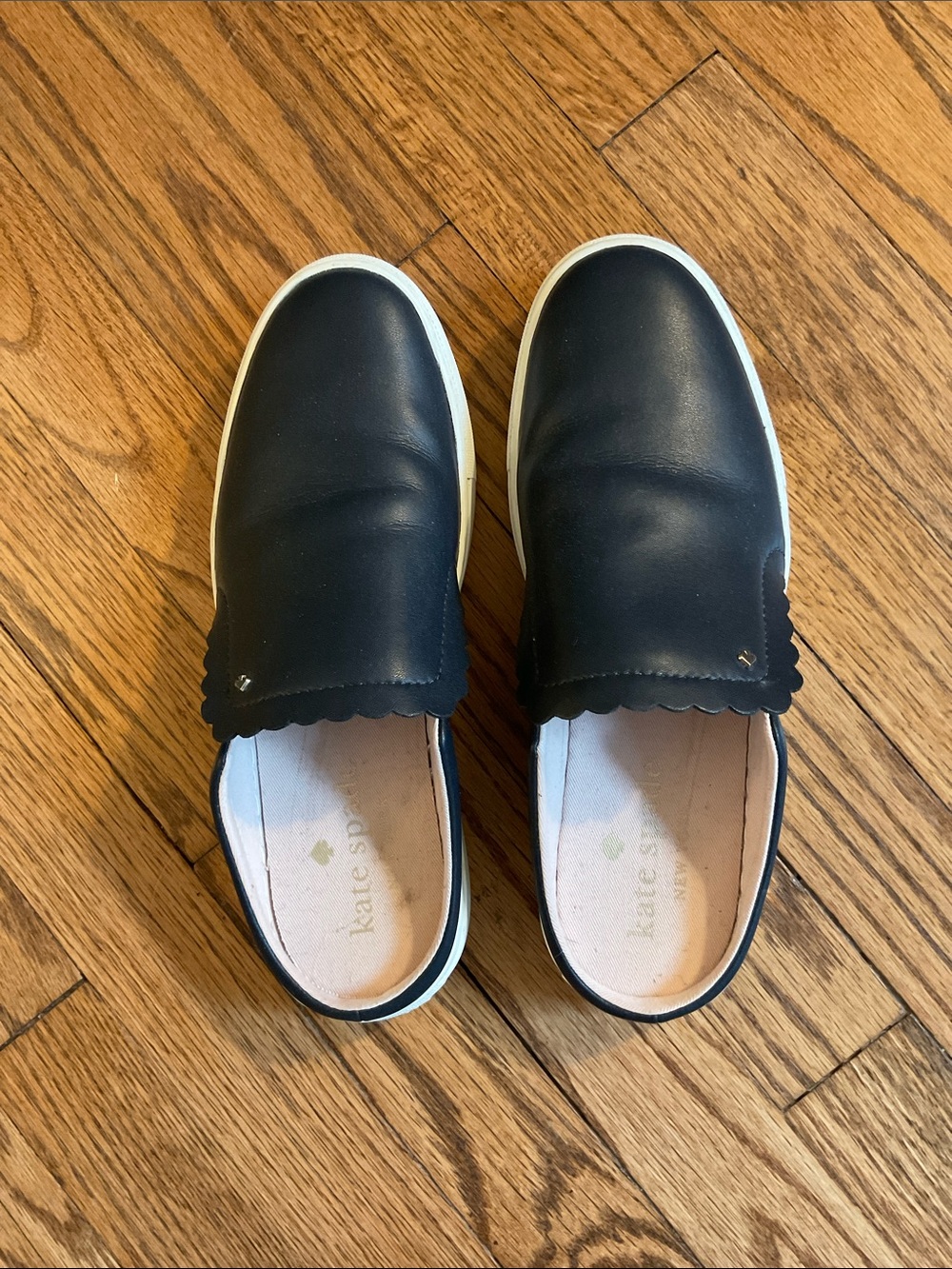 Kate Spade Dark Navy Leather Slip-On Loafers with White Sole
